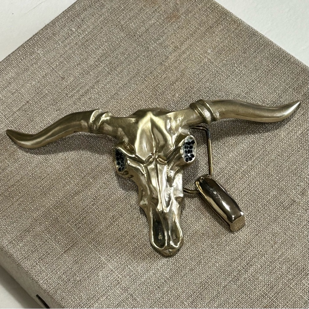 Vintage Longhorn Bull Skull Brass Belt Buckle Black Crystal Eyes - Picture 2 of 13